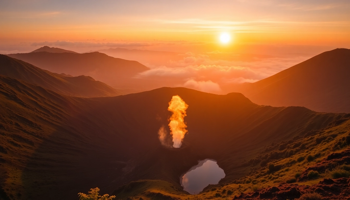 Hiking Mount Rinjani at sunrise with panoramic views of volcano and crater lake in Lombok Indonesia.