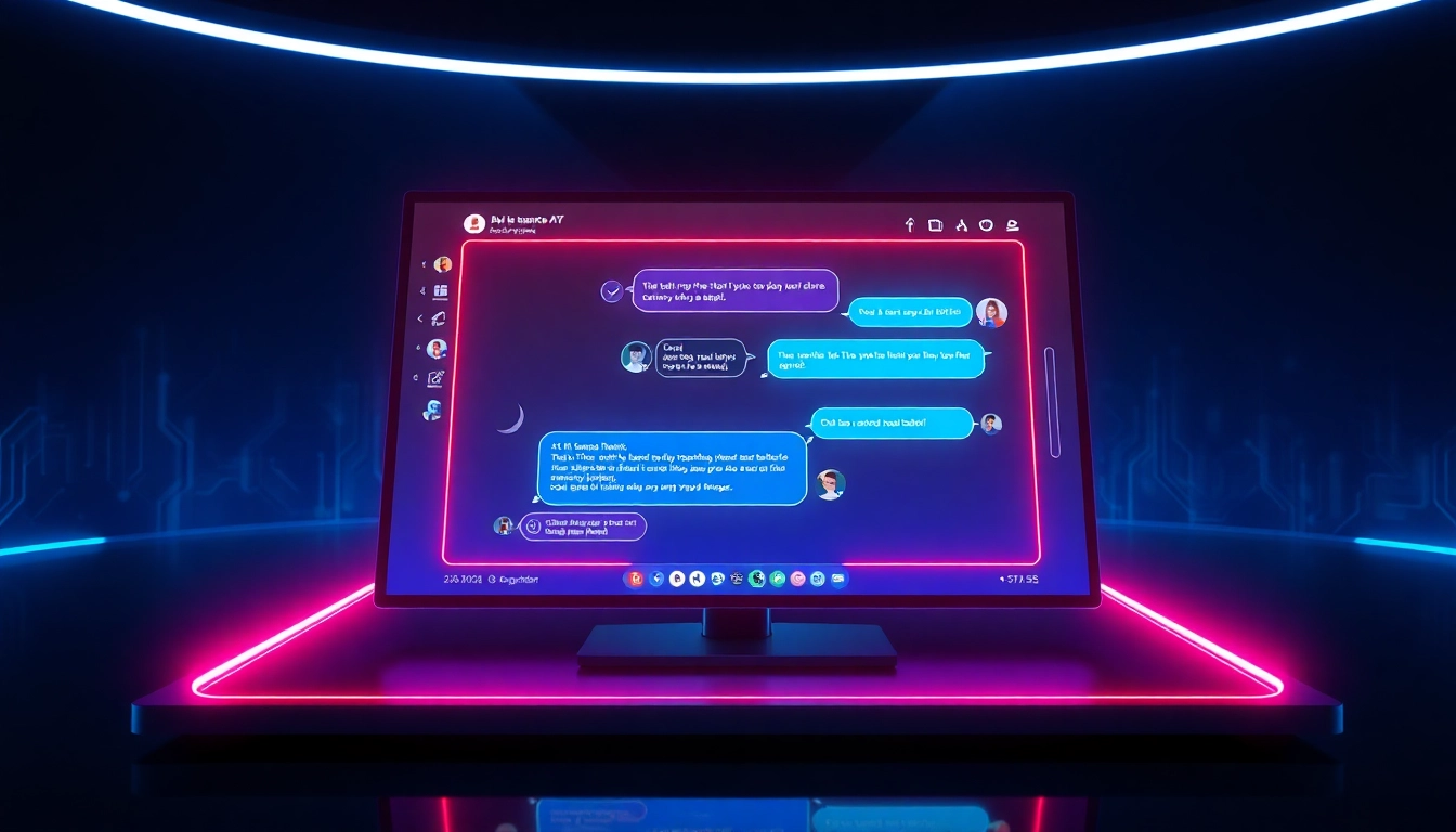 Futuristic digital chat interface with neon accents showing AI conversation on a sleek device.