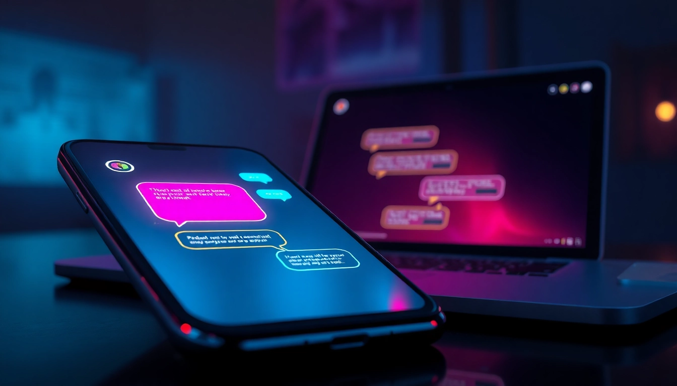 Futuristic digital devices displaying colorful chat interfaces with neon accents in a dark, cyberpunk-inspired setting.