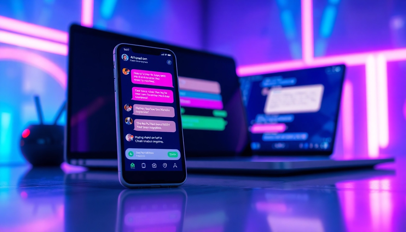 Futuristic AI chatbot interface on devices with vibrant neon colors, conveying a spicy, intimate atmosphere.