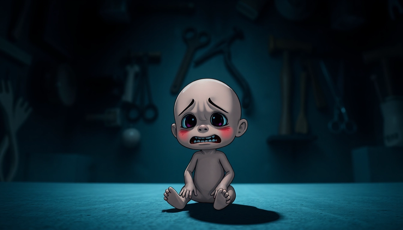An unsettling scene of Harvey, a cheerful cartoon character, showing distress in a dark, oppressive environment with ominous tools in the background.