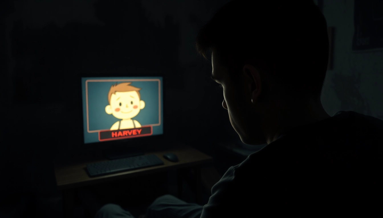 A distressed person watching a disturbing game on their computer with a suffering cartoon character in the background.
