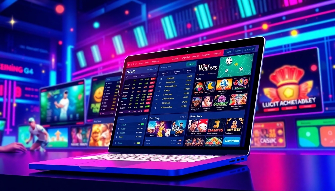 Illustration of an online sportsbook and casino platform with vibrant colors and dynamic gaming scenes.