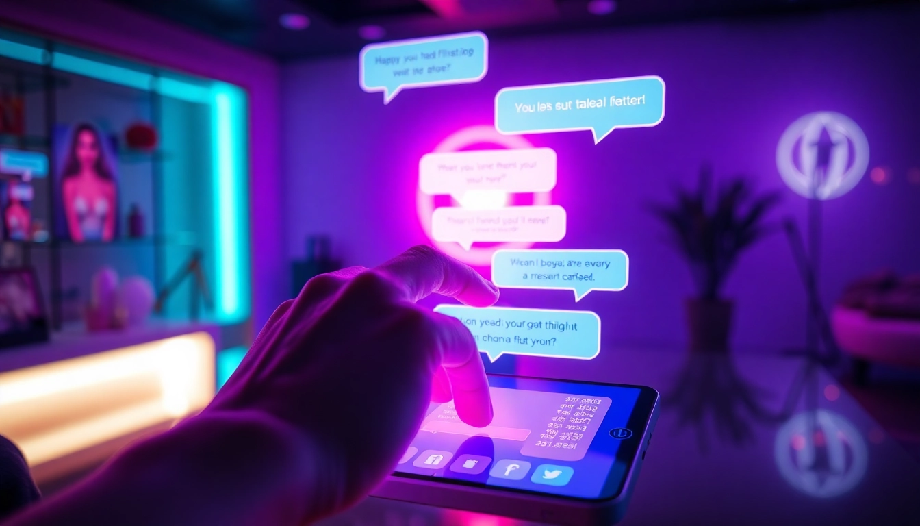 Close-up of a futuristic chat interface with neon colors and digital speech bubbles, evoking adult AI conversation themes.