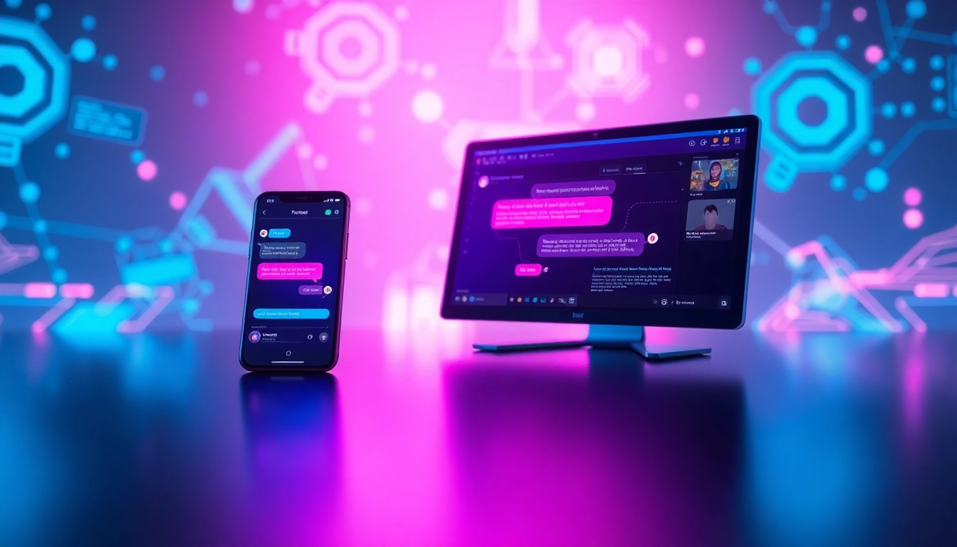 Futuristic AI chatbot interface on devices with vibrant colors and digital environment
