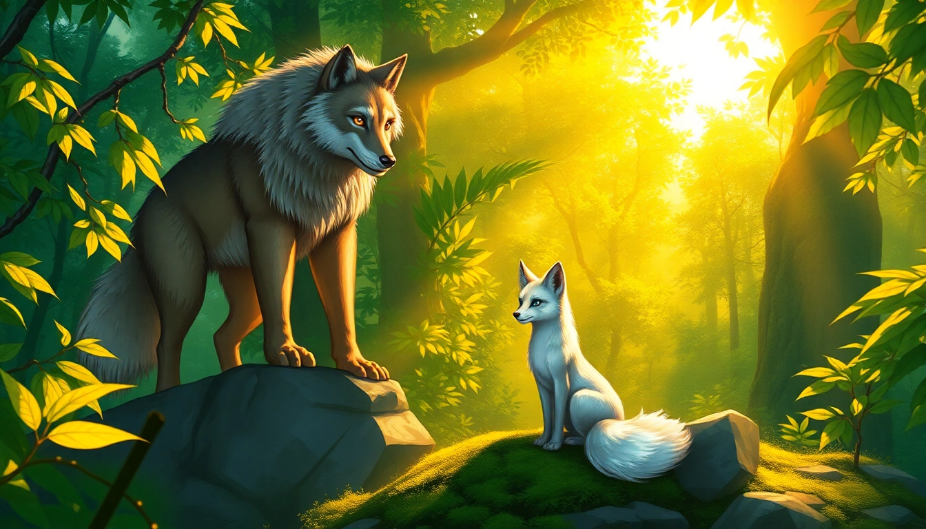 Illustration of a majestic wolf and a graceful fox meeting in a lush forest, bathed in warm sunlight, with detailed textures and vibrant colors.