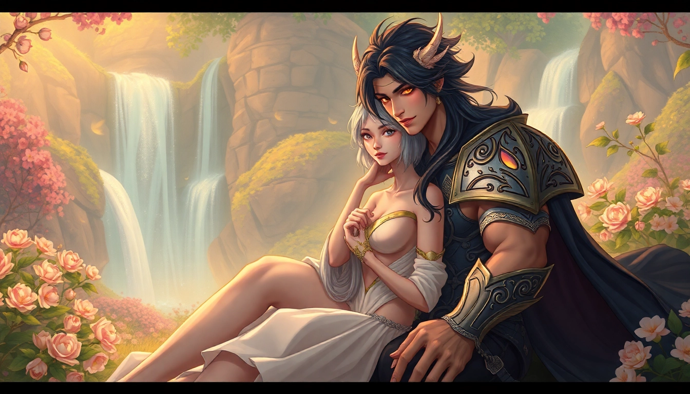 Fantasy illustration of an alpha and omega character in an intimate, romantic setting in a lush, magical landscape.