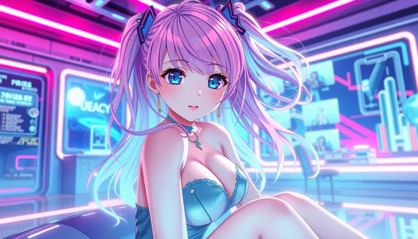 Anime-inspired female character with pastel hair sitting in a neon-lit cyberpunk room.