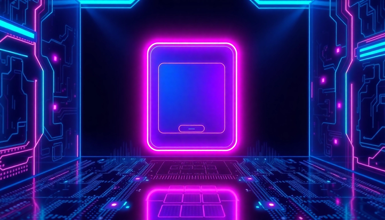 Futuristic AI chatbot interface with holographic elements and neon cyberpunk colors.