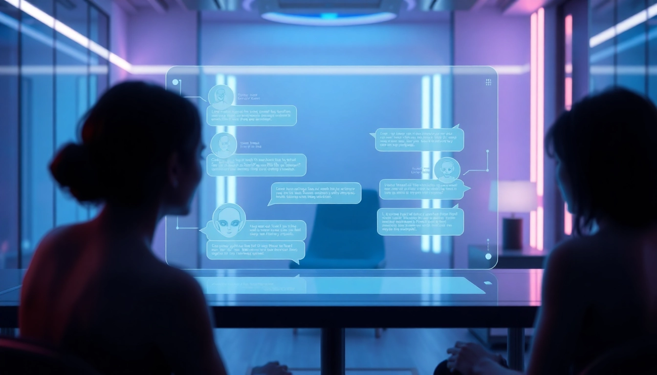 Futuristic AI chatbot interface on a holographic screen in a high-tech room with blue and purple lighting.