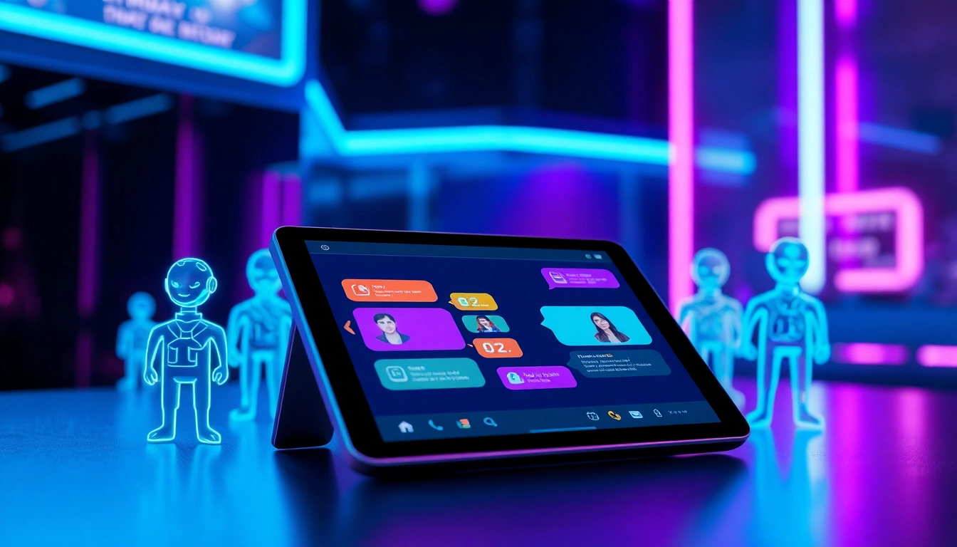 Futuristic AI chatbot interface with holographic characters and neon lighting