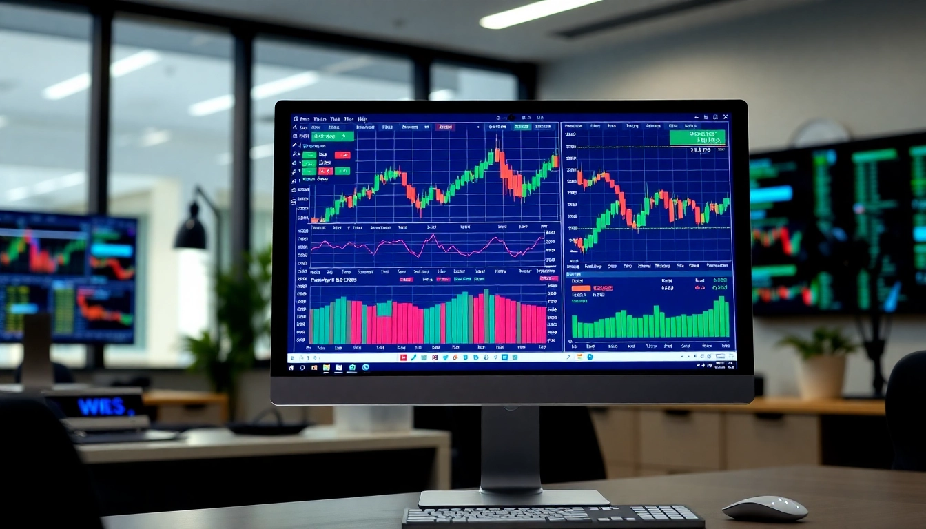 Online stock trading platform with real time data and financial analysis on digital screens for