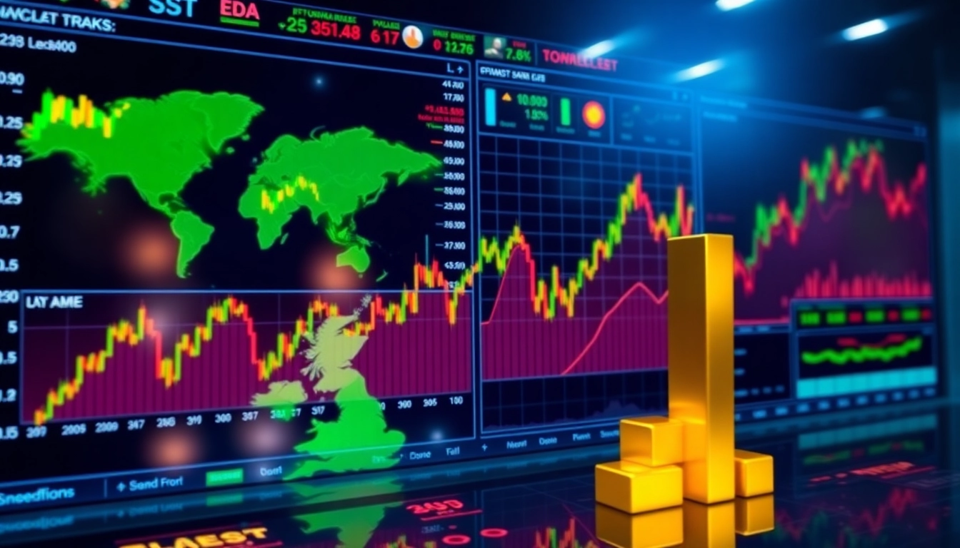 Close-up of a digital financial markets news UK display featuring stock graphs, gold price