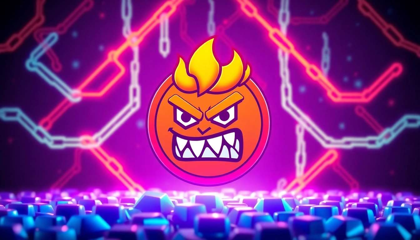 Buy Angry Pepe Fork meme coin with vibrant blockchain visuals highlighting community and