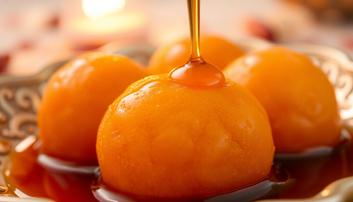 Plate of delicious Ready to Eat Gulab Jamun soaked in syrup with garnishes, highlighting moist